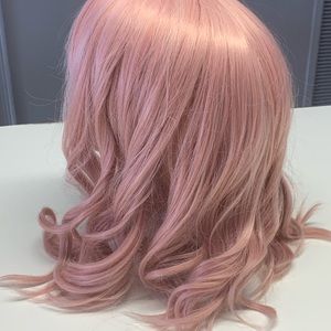 Cute pink beach wave wig with bangs